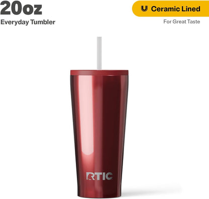 RTIC 20oz Everyday Tumbler Insulated Stainless Steel Portable Travel Coffee Cup with Straw, Ceramic Lining, Spill-Resistant Lid, BPA-Free, Hot and Cold Drink, Beach