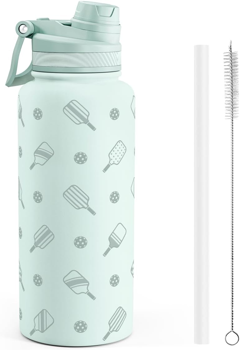 SANDJEST Pickleball Stainless Steel Water Bottle with Strap 32oz, Insulated Bottles with Straw and Spout Lid for Gym Sports Travel Outdoor, Gifts for Women Girls Birthday Christmas