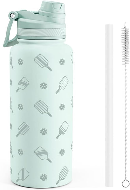 SANDJEST Pickleball Stainless Steel Water Bottle with Strap 32oz, Insulated Bottles with Straw and Spout Lid for Gym Sports Travel Outdoor, Gifts for Women Girls Birthday Christmas