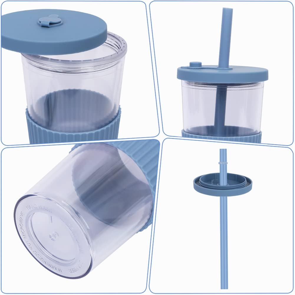 2 Pack Reusable Boba Tea Cups, 24oz Iced Coffee Cup with Straw and Lid, Leakproof Clear Plastic Cups Tumbler, Double Wall Insulated Smoothie Tumbler, Wide Straw for Bubble Tea, Black and White