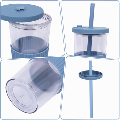2 Pack Reusable Boba Tea Cups, 24oz Iced Coffee Cup with Straw and Lid, Leakproof Clear Plastic Cups Tumbler, Double Wall Insulated Smoothie Tumbler, Wide Straw for Bubble Tea, Black and White