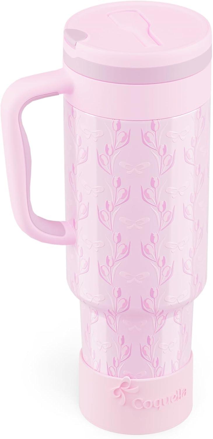 40 oz Insulated Tumbler with Handle and Push-Button Straw Lid, Stainless Steel Travel Cup for Gym Office, Leakproof, BPA-Free, Cup Holder Friendly, Bow Silicone Boot, Purple (Light Lilac)