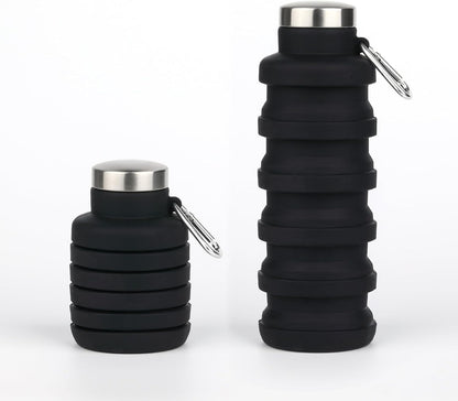 Collapsible Water Bottles,16oz Capacity Portable Reusable Silicone Water Bottle,Leak-proof,with buckle,foldable storage,Lightweight Durable for Fitness,Cycling,Sports,Camping,Hiking (Deep Black)