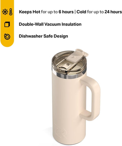 RTIC 20oz Road Trip Travel Mug with Lid and Handle, Ceramic Lined, Insulated, Stainless Steel, Metal, Double Wall Vacuum-Insulation, Portable Coffee, Tea Cup for Hot and Cold Drink, Black
