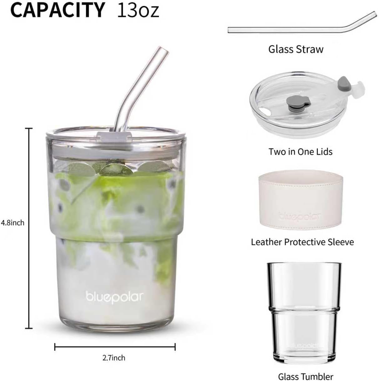 BLUEPOLAR 13oz/400ml Glass Water Tumbler with Straw and Lid Sealed Carry On Thick Wall Iced Coffee Cup Glass Cup for Water, Iced Tea Fruit Juice Etc (White-2Pack)