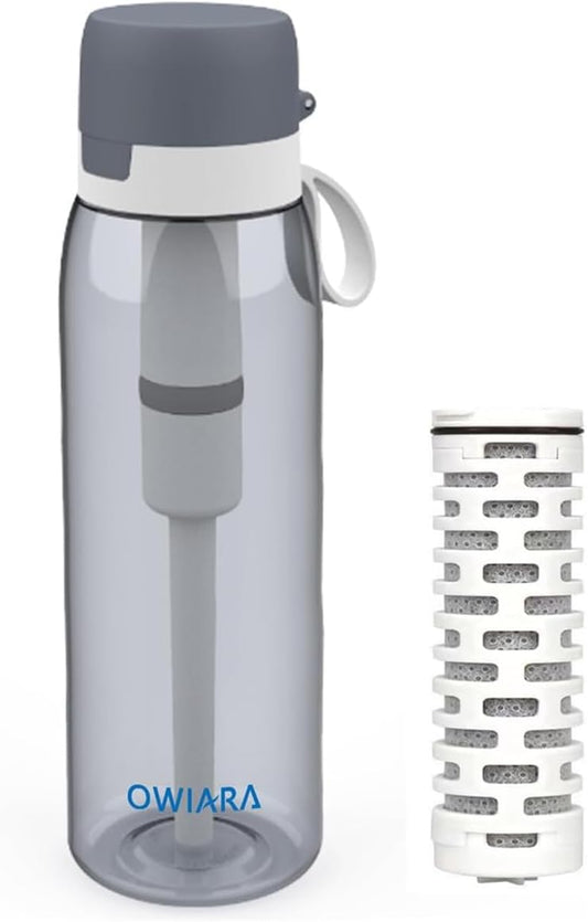 Water Bottle with Filter for Drinking, 26 Ounces 3-Stage Water Filter Bottle for Outdoor Travel Camping Moutaining Backpacking Hiking (Light Grey)