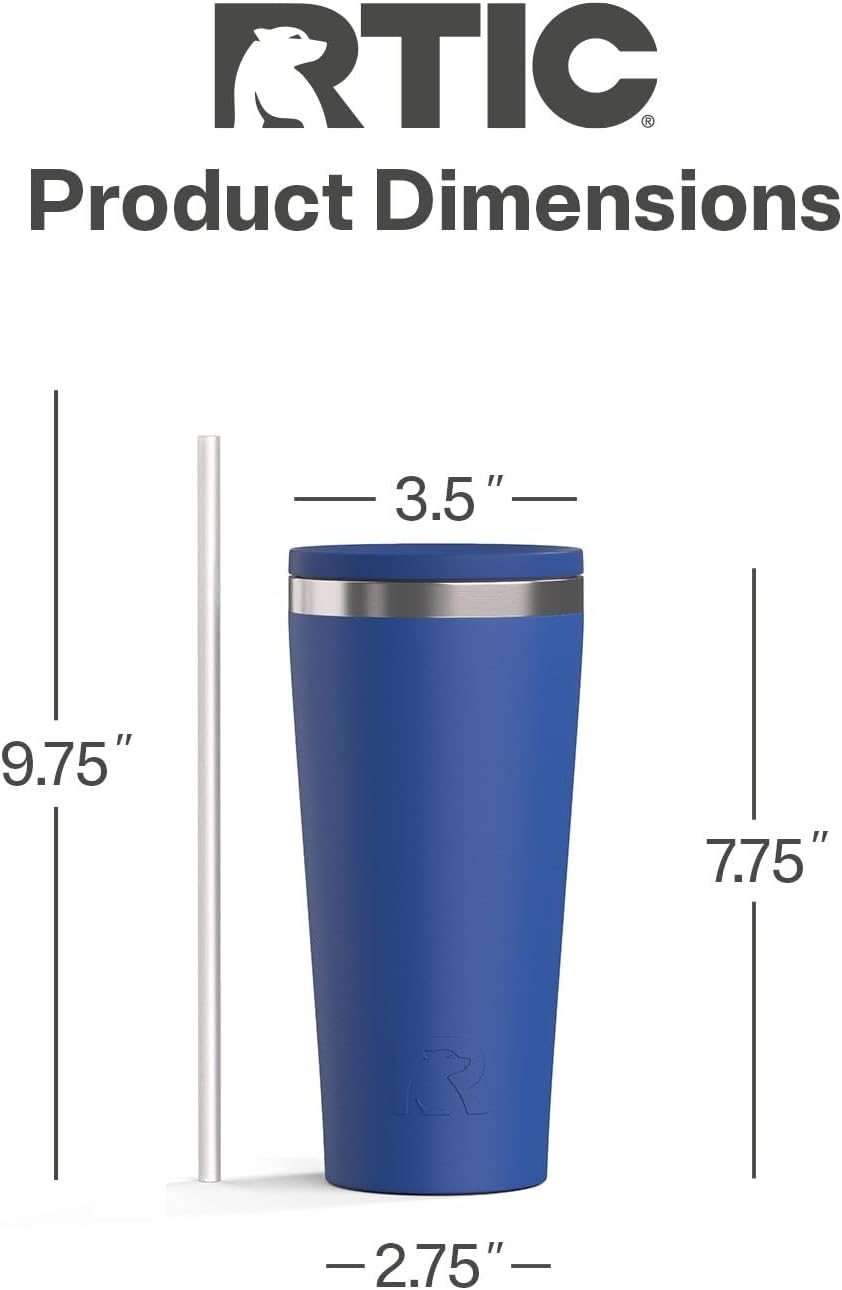 RTIC 20oz Everyday Tumbler Insulated Stainless Steel Portable Travel Coffee Cup with Straw, Ceramic Lining, Spill-Resistant Lid, BPA-Free, Hot and Cold Drink, Beach