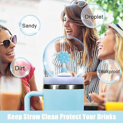 Flower Straw Covers Toppers for Stanley Cups 30&40 Oz Tumbler with Handle Accessories 4PCS Silicone Straw Caps Reusable Straws Tips Protectors for Stanley Cup 10mm 0.4in Straws,Off White