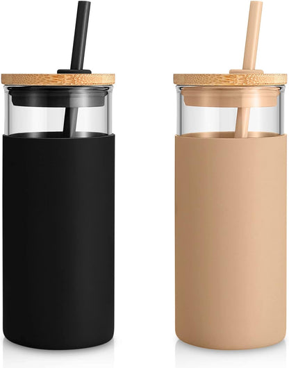Tronco 20 oz Glass Tumbler with Lid and Straw, Iced Coffee Cup and Smoothie Cup with Bamboo Lids & Protective Silicone Sleeve, Dishwasher Safe, BPA-Free, Glass Cup 1 Pack - Colors B