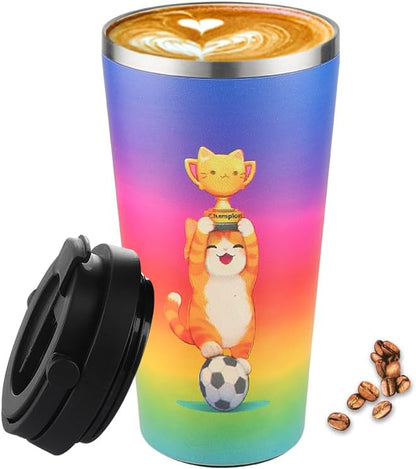 Funkrin Insulated Coffee Mug with Ceramic Coating, 16oz Iced Coffee Tumbler Cup with Flip Lid and Handle, Double Wall Vacuum Leak-Proof Travel Mug for Office School Party Camping