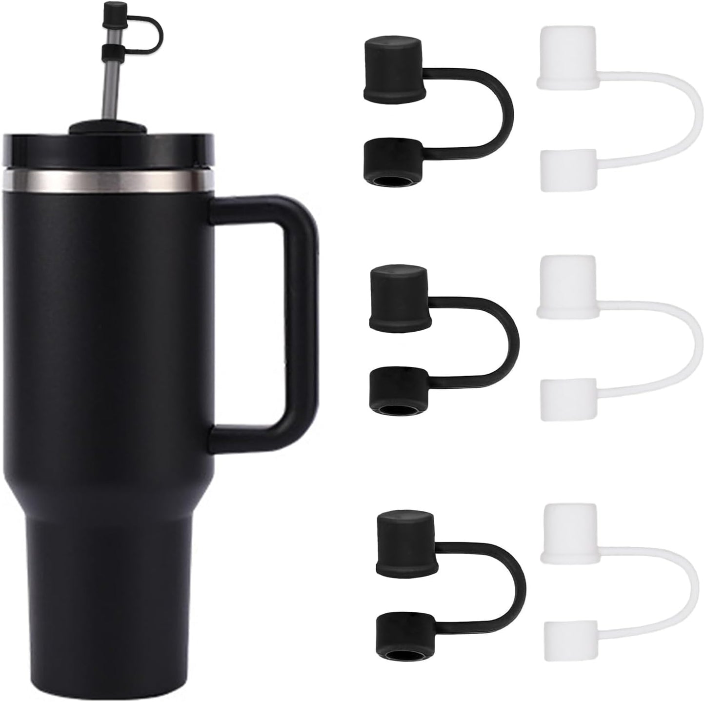 6PCS Silicone Straw Covers Cap Compatible with Stanley Cup 30-40 oz Tumbler with Handle 10mm Straw Toppers，Dust-Proof Reusable Straw Cover for Stanley Cup Accessories (Black)