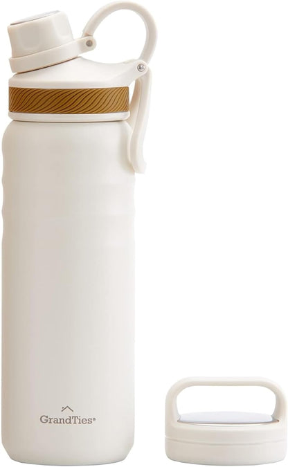 GRANDTIES 2 Lids Sports Stainless Steel Water Bottles – Wide Mouth Vacuum Insulated Reusable Leak Proof BPA-Free Travel Metal Canteen, Thermal Bottles for Men Women Gym (Ivory White 32 oz)