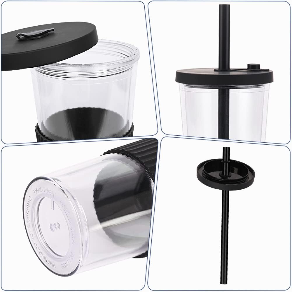 2 Pack Reusable Boba Tea Cups, 24oz Iced Coffee Cup with Straw and Lid, Leakproof Clear Plastic Cups Tumbler, Double Wall Insulated Smoothie Tumbler, Wide Straw for Bubble Tea, Black and White