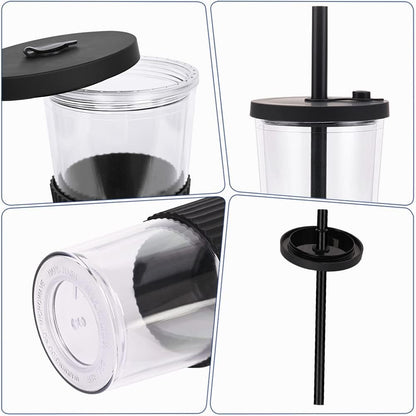 2 Pack Reusable Boba Tea Cups, 24oz Iced Coffee Cup with Straw and Lid, Leakproof Clear Plastic Cups Tumbler, Double Wall Insulated Smoothie Tumbler, Wide Straw for Bubble Tea, Black and White