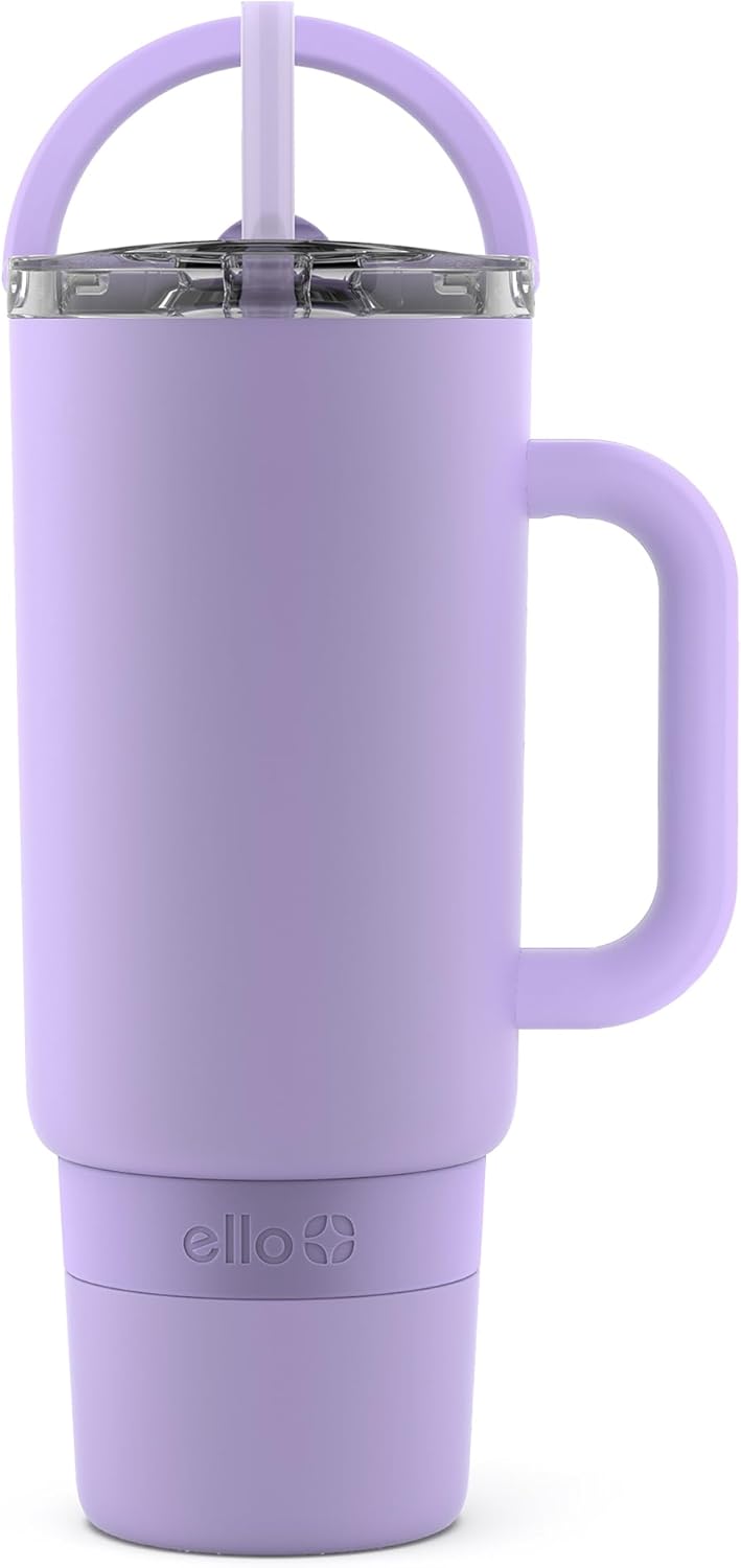 Ello Port 40oz Tumbler with Carry Loop & Integrated Handle, Vacuum Insulated Stainless Steel Reusable Water Bottle, Travel Mug with Leak Proof Lid & Straw, Perfect for Iced Coffee & Tea, White