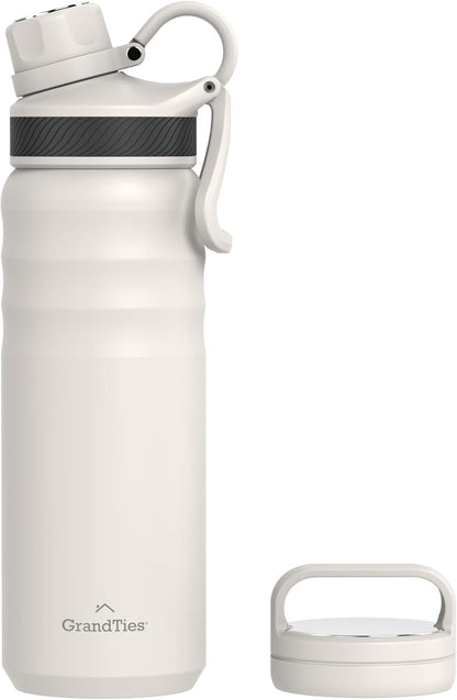 GRANDTIES 2 Lids Sports Stainless Steel Water Bottles – Wide Mouth Vacuum Insulated Reusable Leak Proof BPA-Free Travel Metal Canteen, Thermal Bottles for Men Women Gym (Ivory White 32 oz)