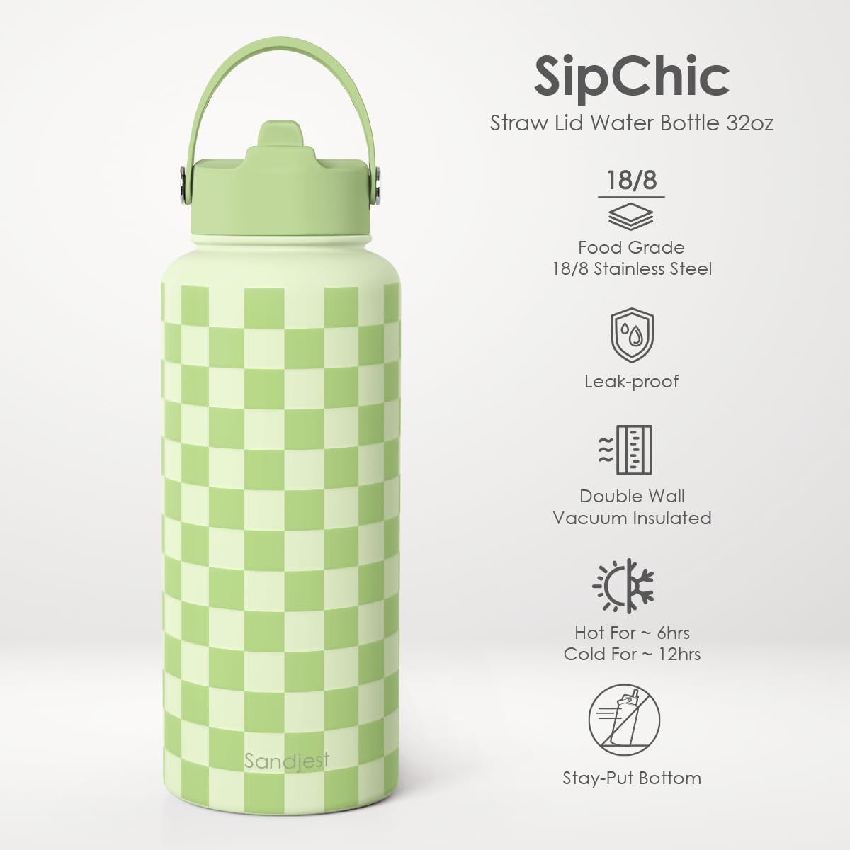SANDJEST Pickleball Gift for Women, Water Bottle Stainless Steel 32oz with Lid & Straw, Sport Insulated Bottles Gifts for Girls Friends Teens Birthday Christmas