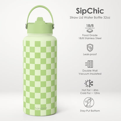 SANDJEST Pickleball Gift for Women, Water Bottle Stainless Steel 32oz with Lid & Straw, Sport Insulated Bottles Gifts for Girls Friends Teens Birthday Christmas