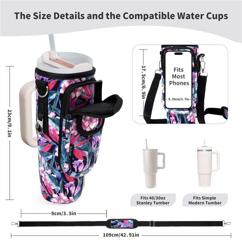 Water Bottle Holder with Strap for Stanley Cup 40/30oz, Insulated Neoprene Stanley Cup Holder with Strap for Tumbler with Handle Stanley Carrier Bag Cross-body Bag for Walking