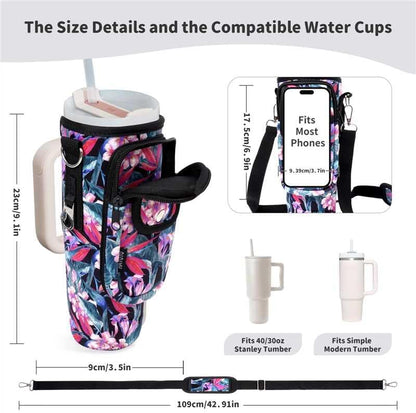 Water Bottle Holder with Strap for Stanley Cup 40/30oz, Insulated Neoprene Stanley Cup Holder with Strap for Tumbler with Handle Stanley Carrier Bag Cross-body Bag for Walking