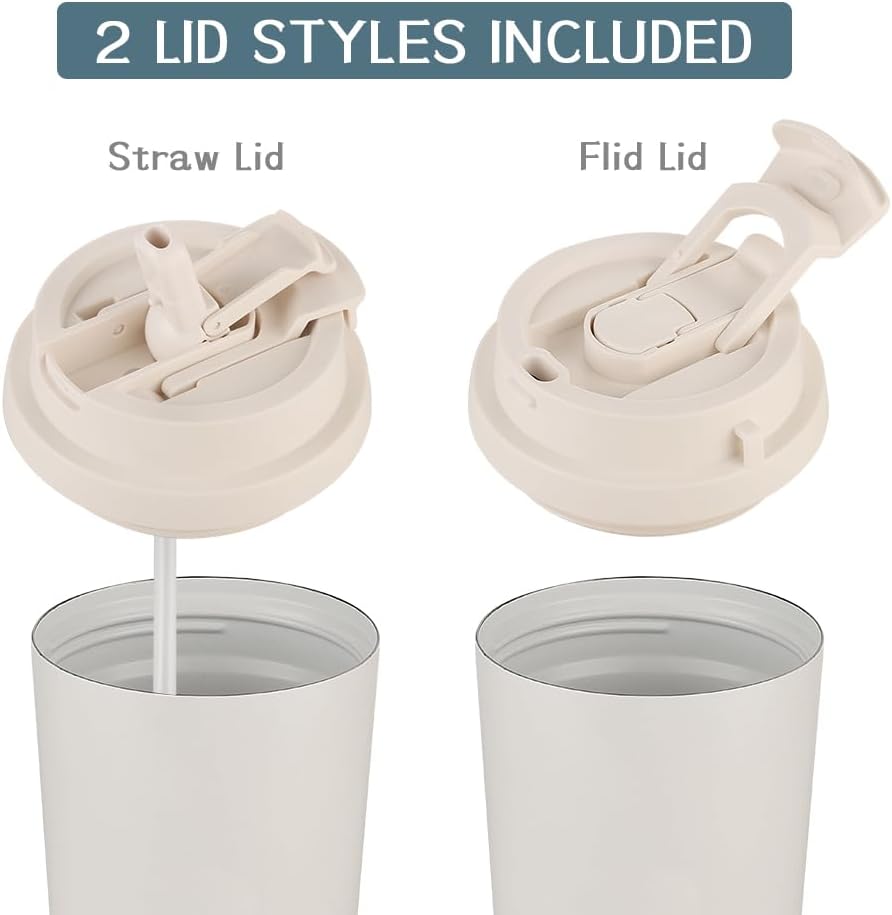 Funkrin Coffee Travel Mug with Straw & Flip Lid, 16oz Insulated Tumbler Cup with Ceramic Coating, Double Wall Vacuum Leak-Proof Mug for Office School Party Camping