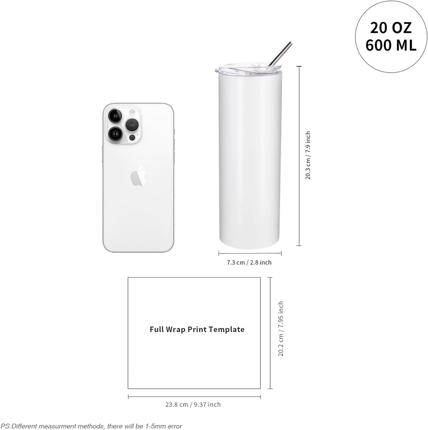 PYD Life Sublimation Blanks Skinny Tumbler White 20 OZ Straight Stainless Steel with Metal Straw for Mug Tumbler Heat Press Machine Sublimation Printing 4 Pack