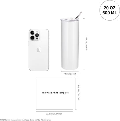 PYD Life Sublimation Blanks Skinny Tumbler White 20 OZ Straight Stainless Steel with Metal Straw for Mug Tumbler Heat Press Machine Sublimation Printing 4 Pack
