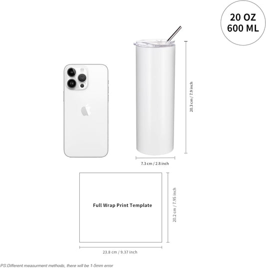 PYD Life Sublimation Blanks Skinny Tumbler White 20 OZ Straight Stainless Steel with Metal Straw for Mug Tumbler Heat Press Machine Sublimation Printing 4 Pack