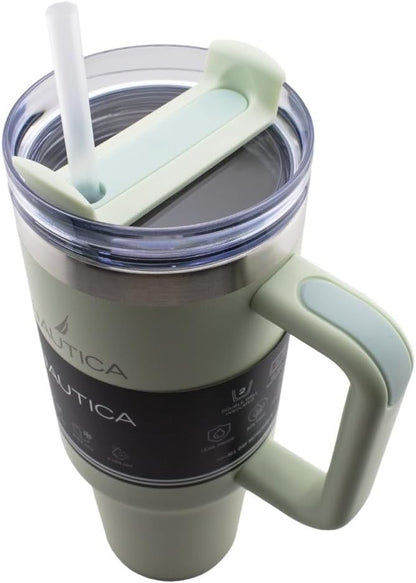 Nautica 40oz Insulated Tumbler with Handle and Straw, Stainless Steel Double Wall Vacuum Travel Mug, Leak-Resistant 3-Way Lid, Keeps Cold for 24 Hours, Fits Car Cup Holders (NAVY)