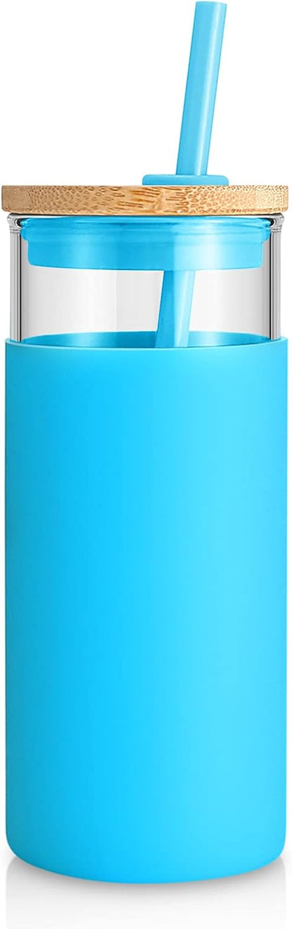 Tronco 20 oz Glass Tumbler with Lid and Straw, Iced Coffee Cup and Smoothie Cup with Bamboo Lids & Protective Silicone Sleeve, Dishwasher Safe, BPA-Free, Glass Cup 1 Pack - Colors B