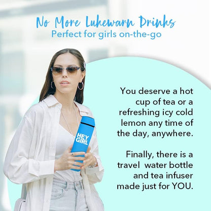 Hey Girl Tea Infuser Bottle 450ml - Insulated Stainless Steel Water Bottle - Tea Tumbler with Tea Diffuser - Portable Travel Mug for Loose Leaf Tea & Infused Water - Tea Lovers Gifts for Women (Pink)