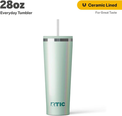 RTIC 20oz Everyday Tumbler Insulated Stainless Steel Portable Travel Coffee Cup with Straw, Ceramic Lining, Spill-Resistant Lid, BPA-Free, Hot and Cold Drink, Beach