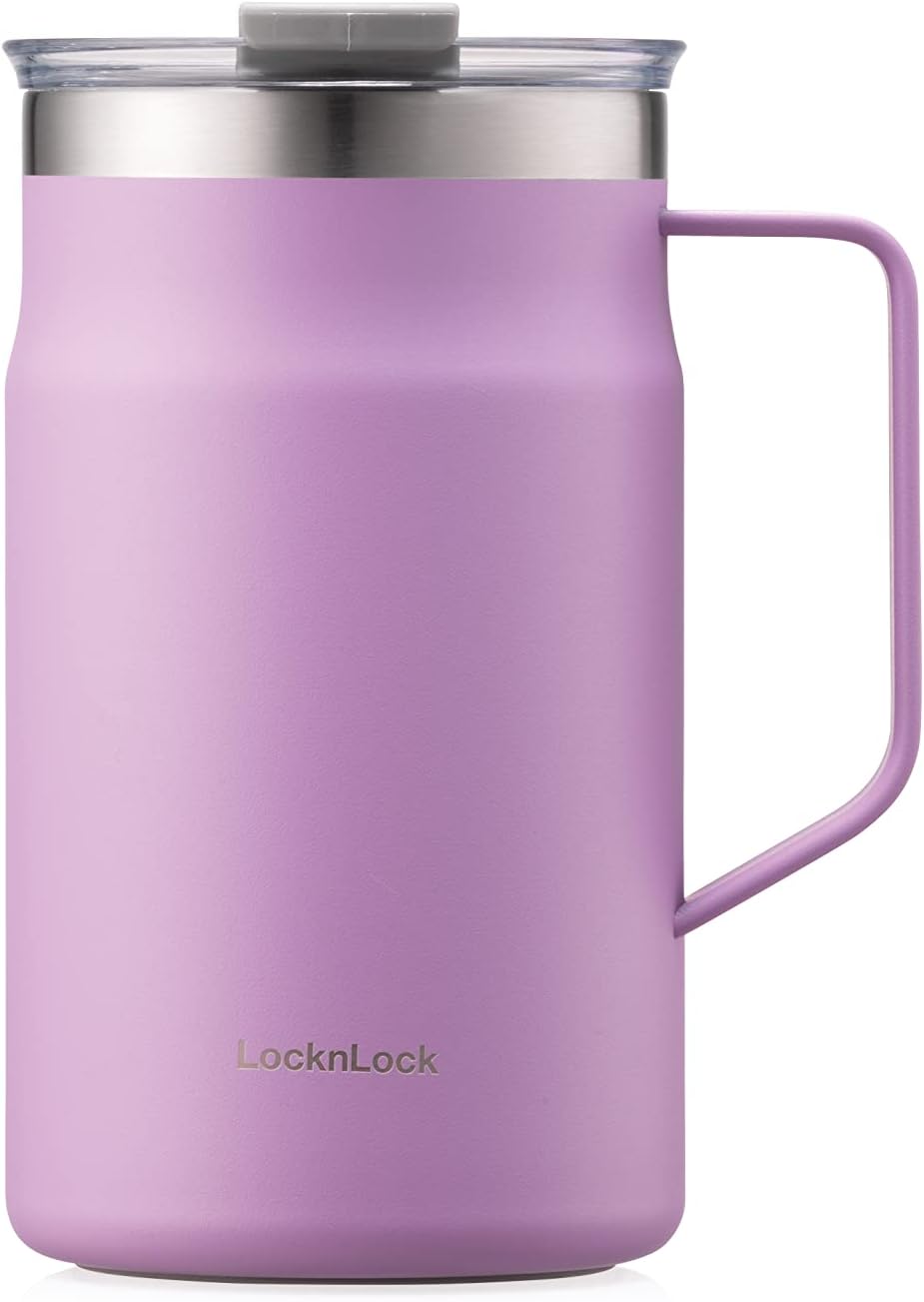LocknLock Metro Mug Premium 18/8 Stainless Steel Double Wall Insulated with Handle Perfect for table with Lid, Black, 16 oz