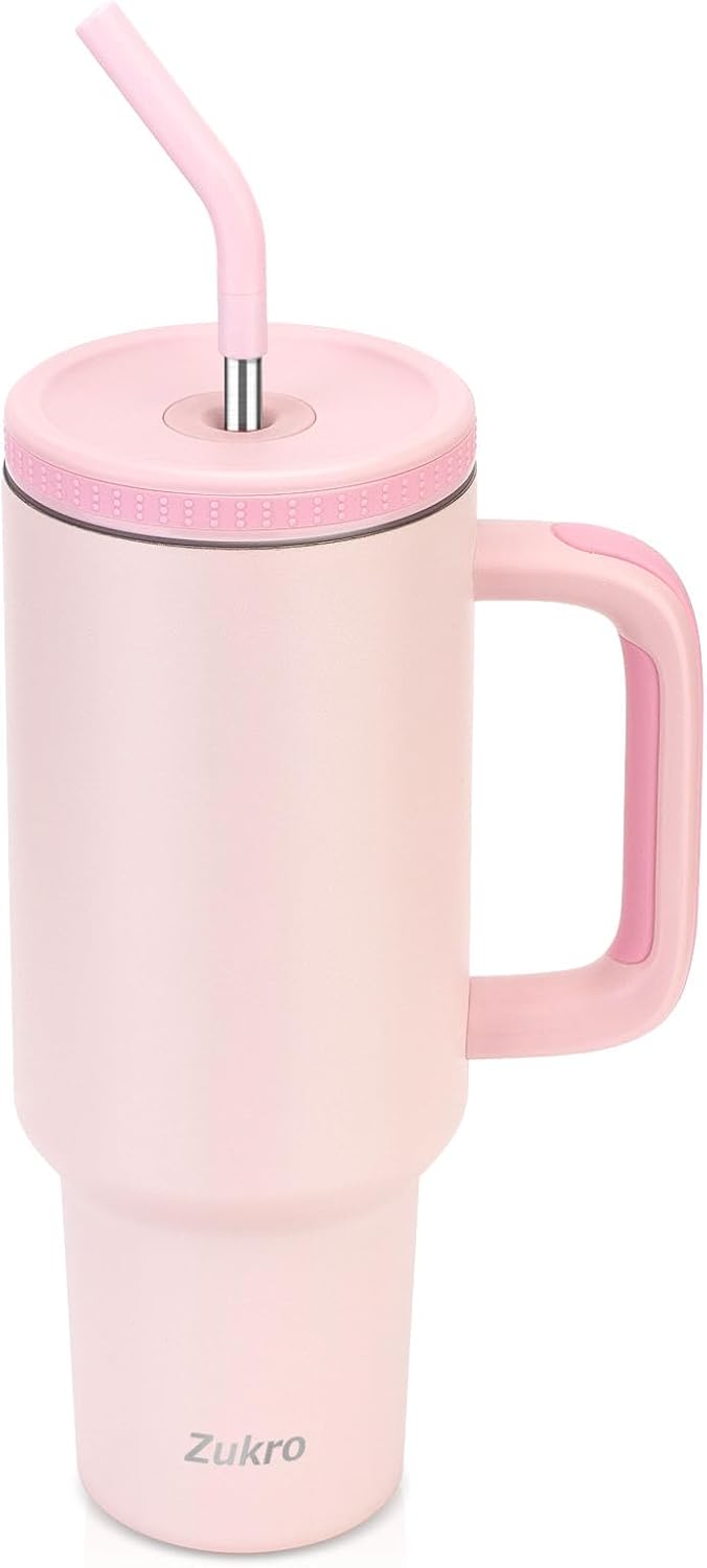 Zukro 40 oz Tumbler with Handle and Straw, Vacuum Insulated Stainless Steel Cup Fits in Cupholder for Travel, Home, Office - No Sweat & Keep Drinks Cold - Dishwasher Safe & BPA Free