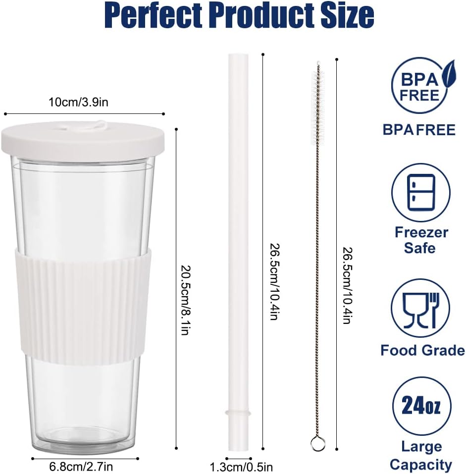 2 Pack Reusable Boba Tea Cups, 24oz Iced Coffee Cup with Straw and Lid, Leakproof Clear Plastic Cups Tumbler, Double Wall Insulated Smoothie Tumbler, Wide Straw for Bubble Tea, Black and White