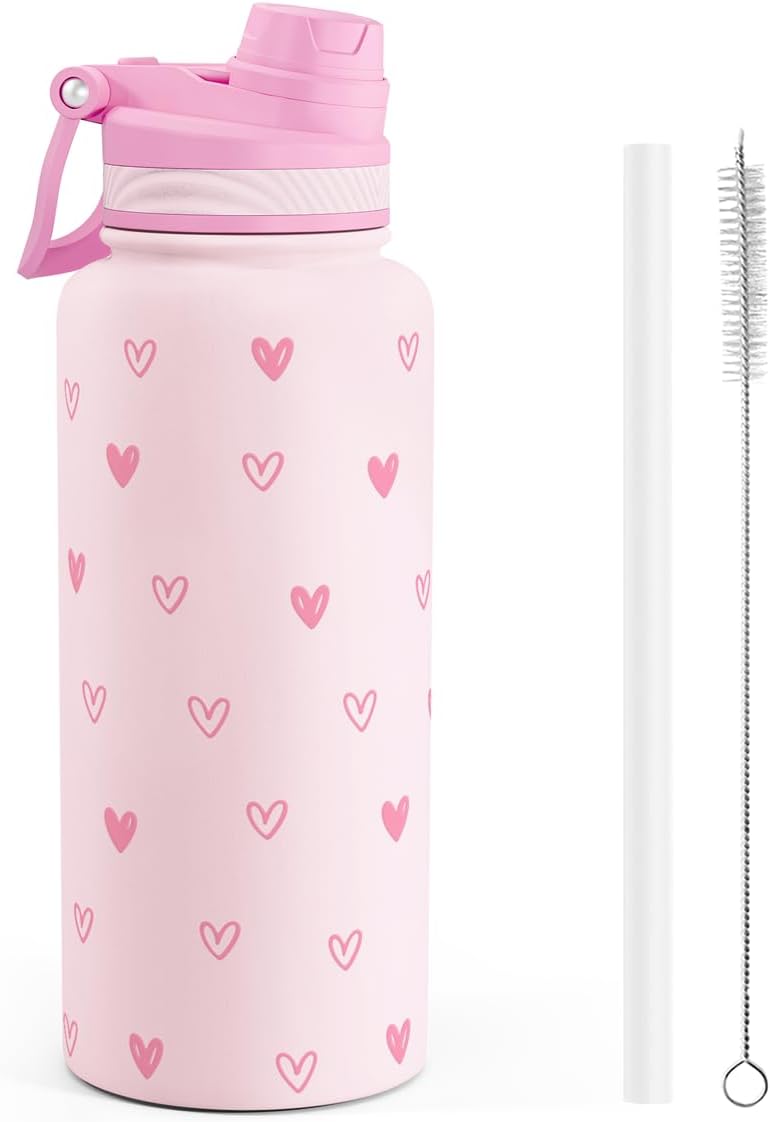 SANDJEST Pickleball Stainless Steel Water Bottle with Strap 32oz, Insulated Bottles with Straw and Spout Lid for Gym Sports Travel Outdoor, Gifts for Women Girls Birthday Christmas