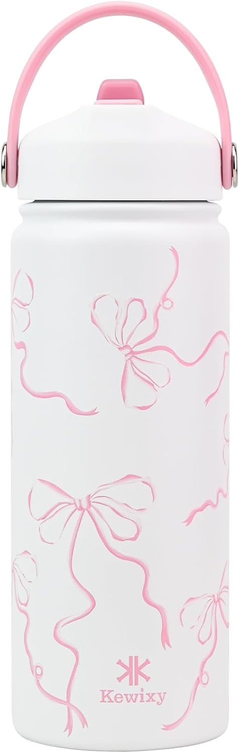 KEWIXY Kids Water Bottle for School, Easy Slide Lid, Leak Proof, Keep Cold 24H, Vacuum Insulated Tumbler, Metal Stainless Steel with Straw and Handle, for Boys&Girls (18OZ, Candy Pink)