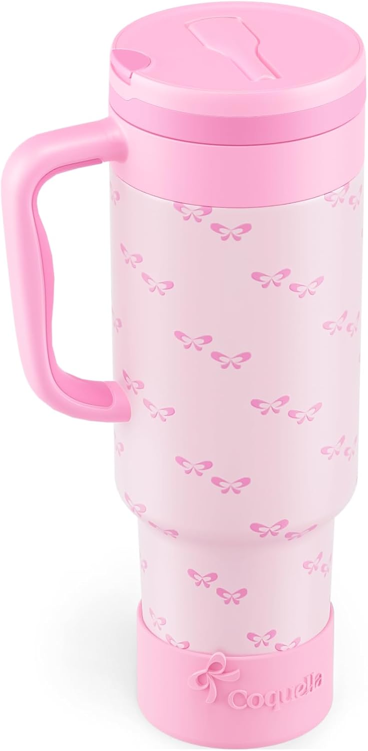 40 oz Insulated Tumbler with Handle and Push-Button Straw Lid, Stainless Steel Travel Cup for Gym Office, Leakproof, BPA-Free, Cup Holder Friendly, Bow Silicone Boot, Purple (Light Lilac)