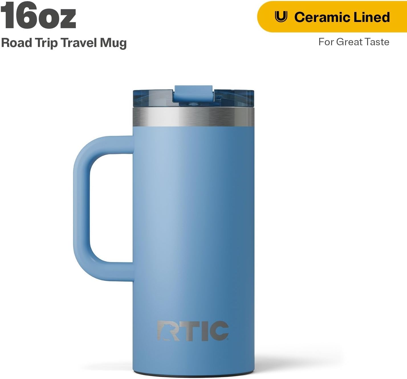 RTIC 20oz Road Trip Travel Mug with Lid and Handle, Ceramic Lined, Insulated, Stainless Steel, Metal, Double Wall Vacuum-Insulation, Portable Coffee, Tea Cup for Hot and Cold Drink, Black