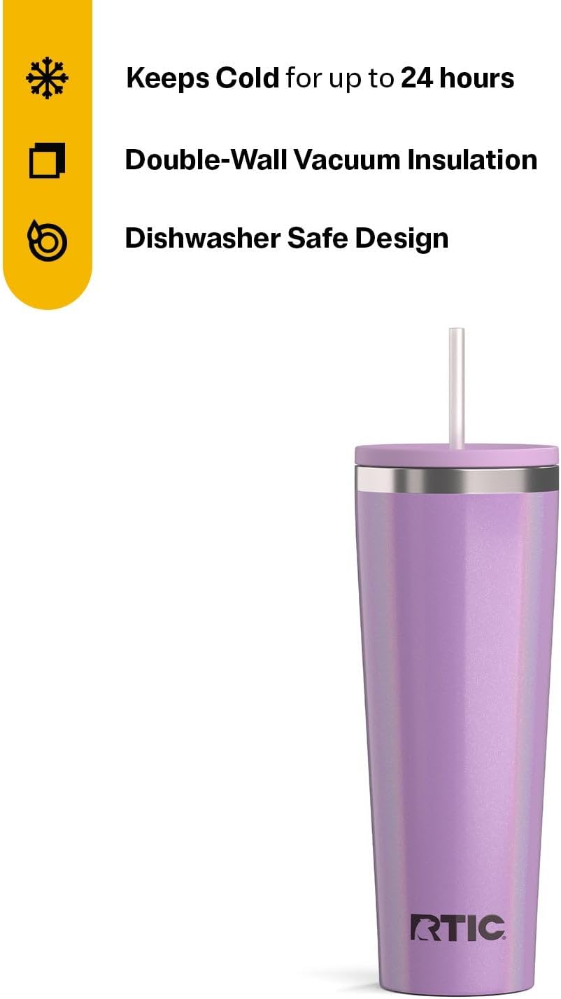 RTIC 20oz Everyday Tumbler Insulated Stainless Steel Portable Travel Coffee Cup with Straw, Ceramic Lining, Spill-Resistant Lid, BPA-Free, Hot and Cold Drink, Beach
