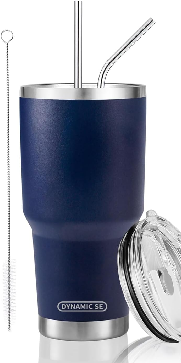 D·S 30oz Blue Tumbler Stainless Steel Double Wall Vacuum Insulated Mug with Straw and Lid, Cleaning Brush for Cold and Hot Beverages