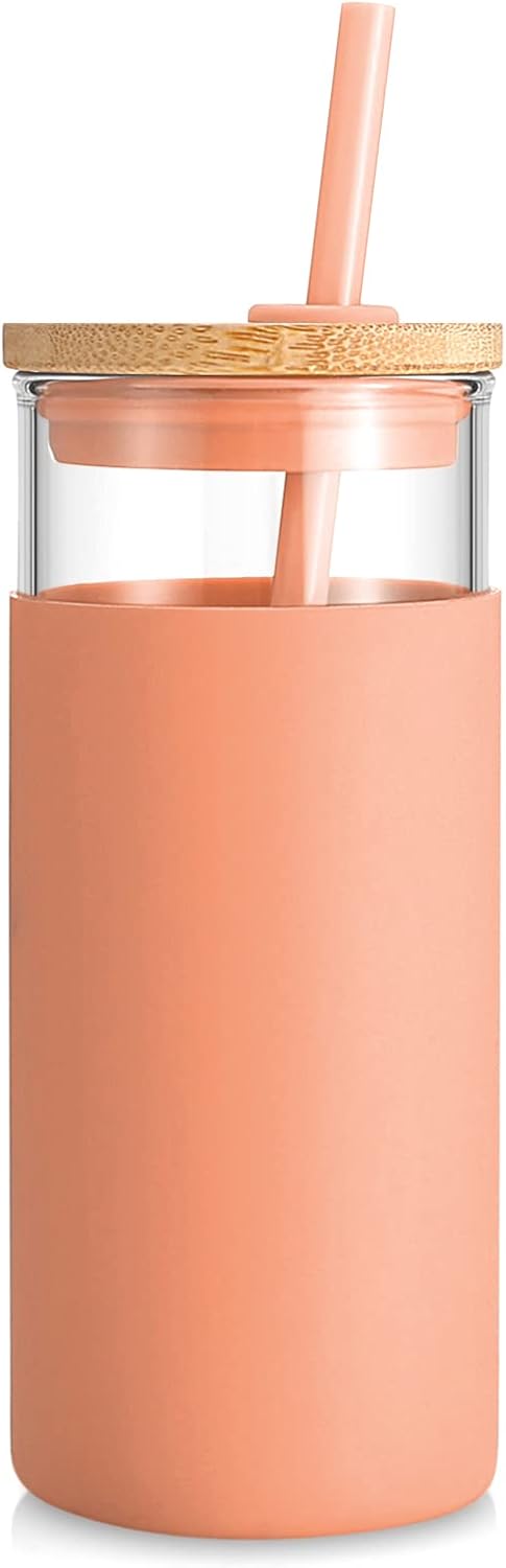 Tronco 20 oz Glass Tumbler with Lid and Straw, Iced Coffee Cup and Smoothie Cup with Bamboo Lids & Protective Silicone Sleeve, Dishwasher Safe, BPA-Free, Glass Cup 1 Pack - Colors A