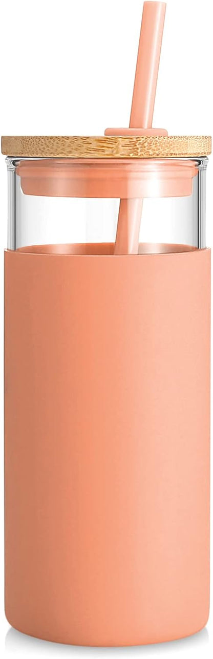 Tronco 20 oz Glass Tumbler with Lid and Straw, Iced Coffee Cup and Smoothie Cup with Bamboo Lids & Protective Silicone Sleeve, Dishwasher Safe, BPA-Free, Glass Cup 1 Pack - Colors A