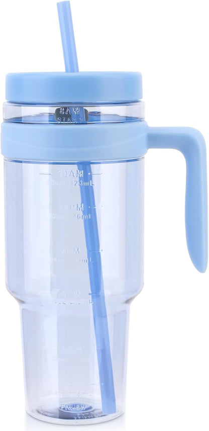 50 oz Tritan Plastic Tumbler with Lid and Straw | Leak-Proof BPA-Free Clear Tumbler with Time Marker | Reusable Travel Mug for Camping, Sports, Office, Road Trips, Parties | Wide Mouth