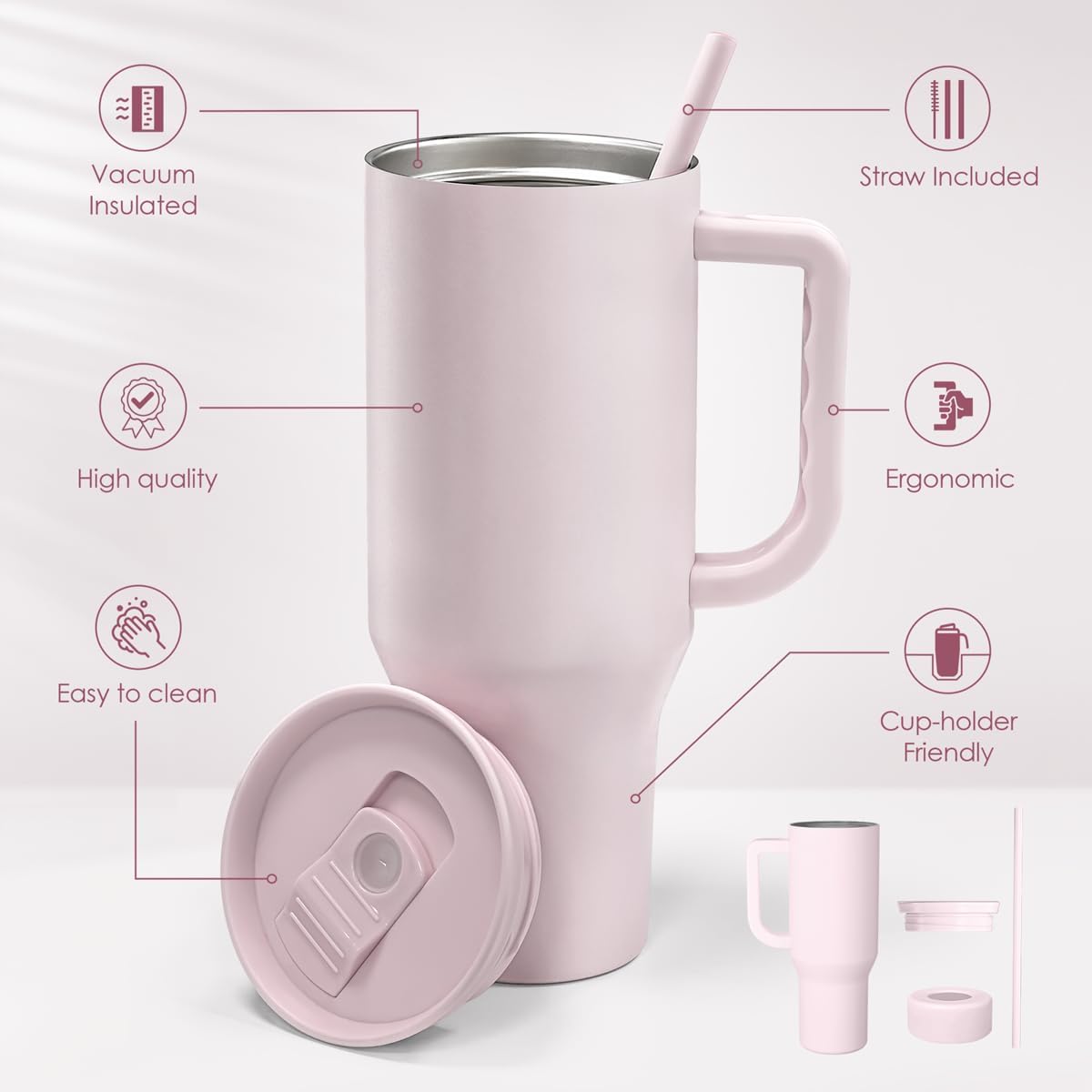 Floral Tumbler with Handle 40oz, Stainless Steel Insulated Tumblers Coffee Travel Mug Cup with Straw, Flower Coffee Cup Gifts for Women Girls, Gift for Her on Christmas Birthday Mothers Day