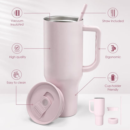 Floral Tumbler with Handle 40oz, Stainless Steel Insulated Tumblers Coffee Travel Mug Cup with Straw, Flower Coffee Cup Gifts for Women Girls, Gift for Her on Christmas Birthday Mothers Day