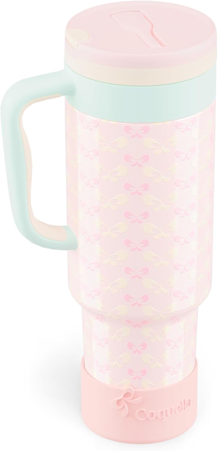 40 oz Insulated Tumbler with Handle and Push-Button Straw Lid, Stainless Steel Travel Cup for Gym Office, Leakproof, BPA-Free, Cup Holder Friendly, Bow Silicone Boot, Purple (Light Lilac)