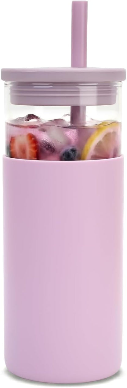 Tronco 20 oz Glass Tumbler with Lids and Straws, Reusable Iced Coffee Cups with Silicone Lid & Protective Sleeve, Dishwasher Safe, BPA-Free Borosilicate Glass for Coffee, Iced Tea, Water & Smoothies