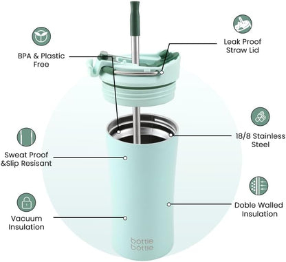 BOTTLE BOTTLE Coffee Tumbler with Dual-use Lid and Straw Double Walled Iced Travel Coffee Mug for Woman and Man 12 oz Stainless Steel Insulated Tumbler with Handle (blue)