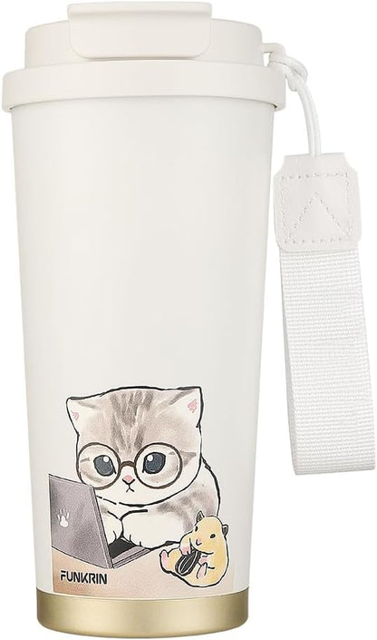 Funkrin Coffee Travel Mug with Straw & Flip Lid, 16oz Insulated Tumbler Cup with Ceramic Coating, Double Wall Vacuum Leak-Proof Mug for Office School Party Camping
